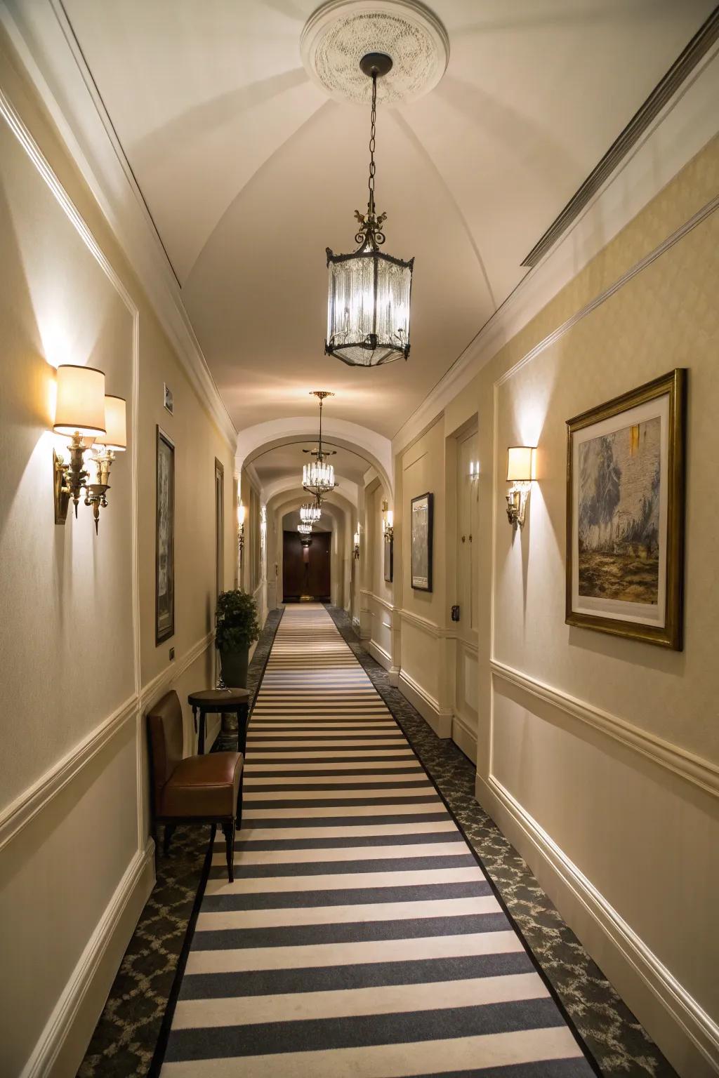 Lined floors enhance the spatial dynamics of this hallway.
