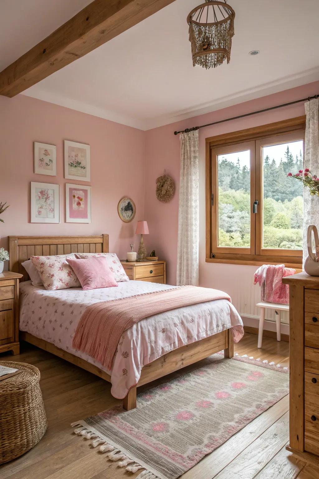 Natural wood elements blend beautifully with pink decor in this organic bedroom.