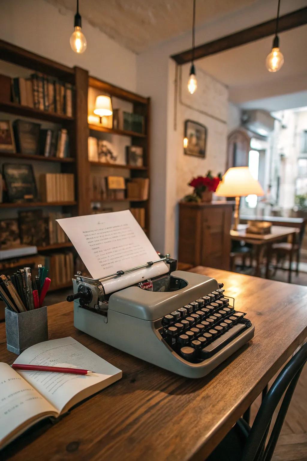 A vintage typewriter setup adds retro charm and invites creativity.