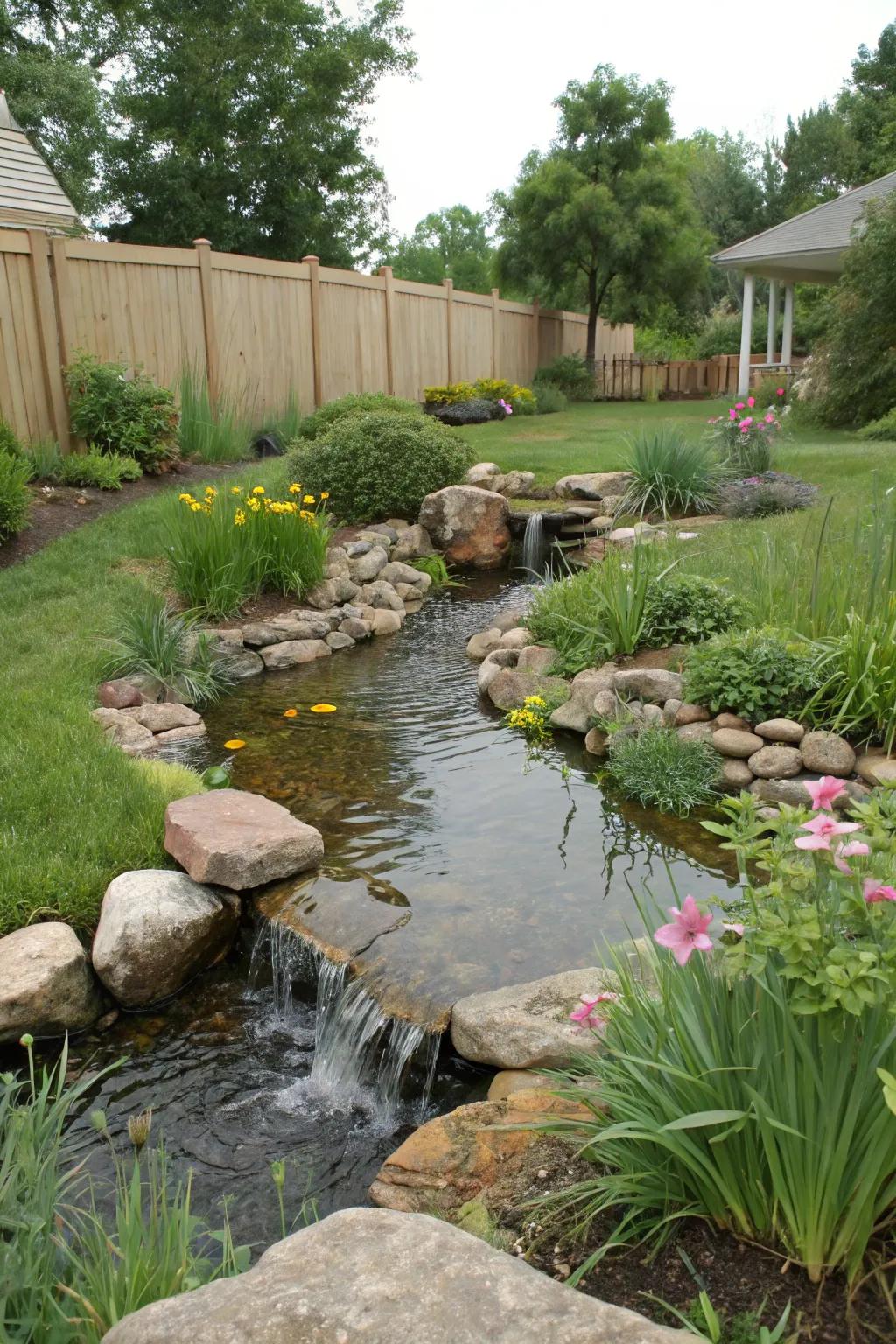 Eco-conscious streams employ sustainable methods for a greener garden.