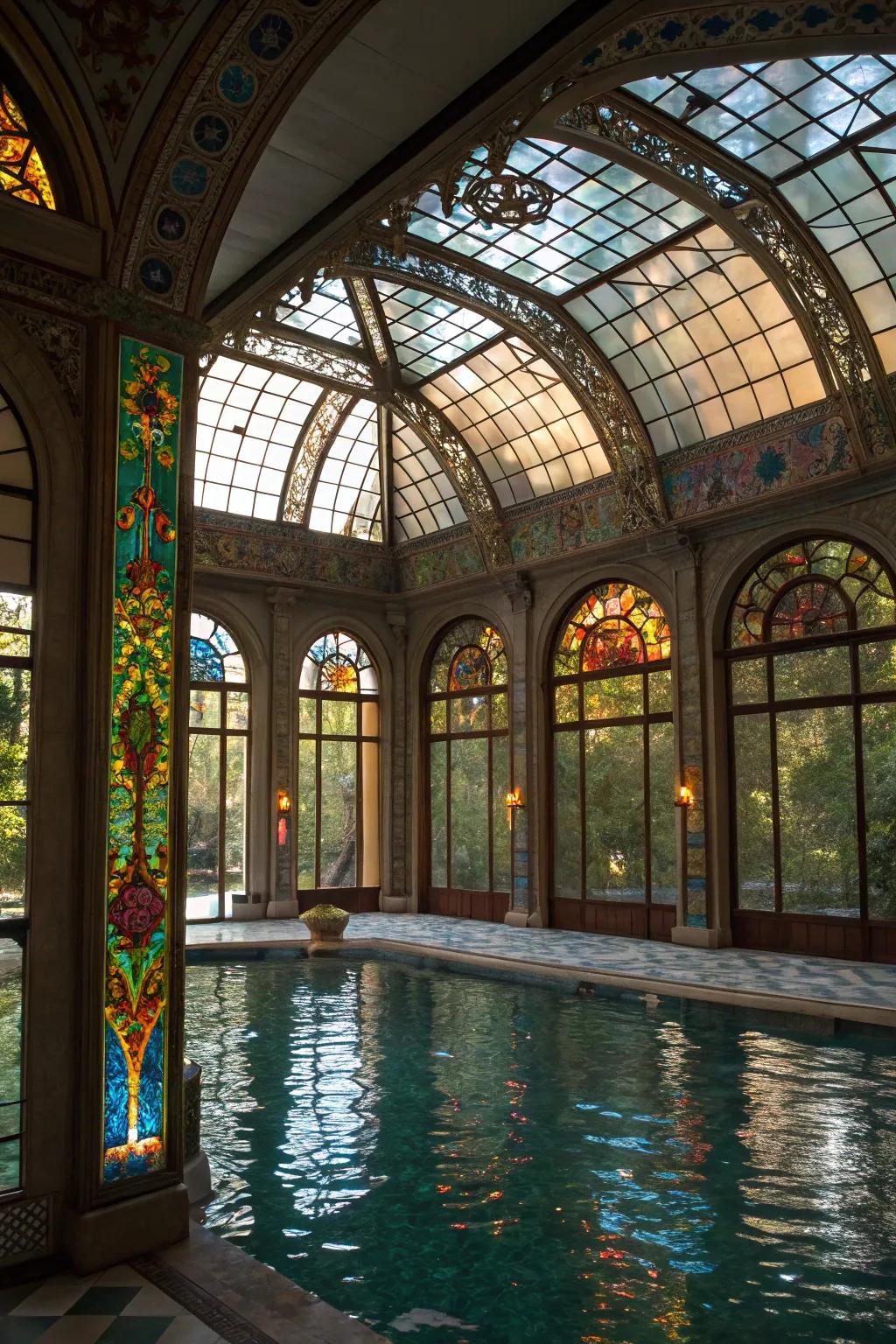 Stained glass panels create a vibrant and private pool setting.