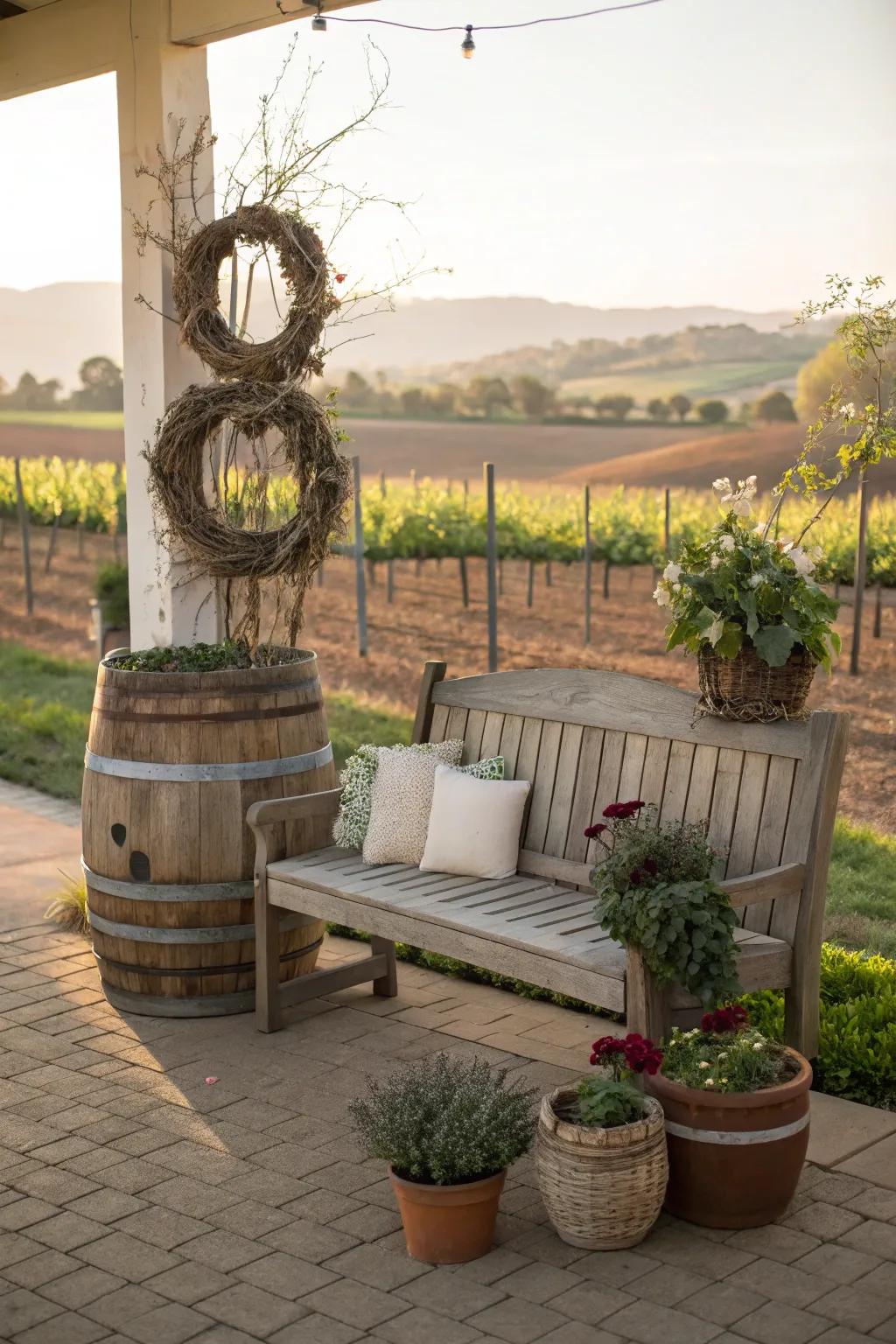 A wine barrel bench adds whimsy and charm to the veranda.