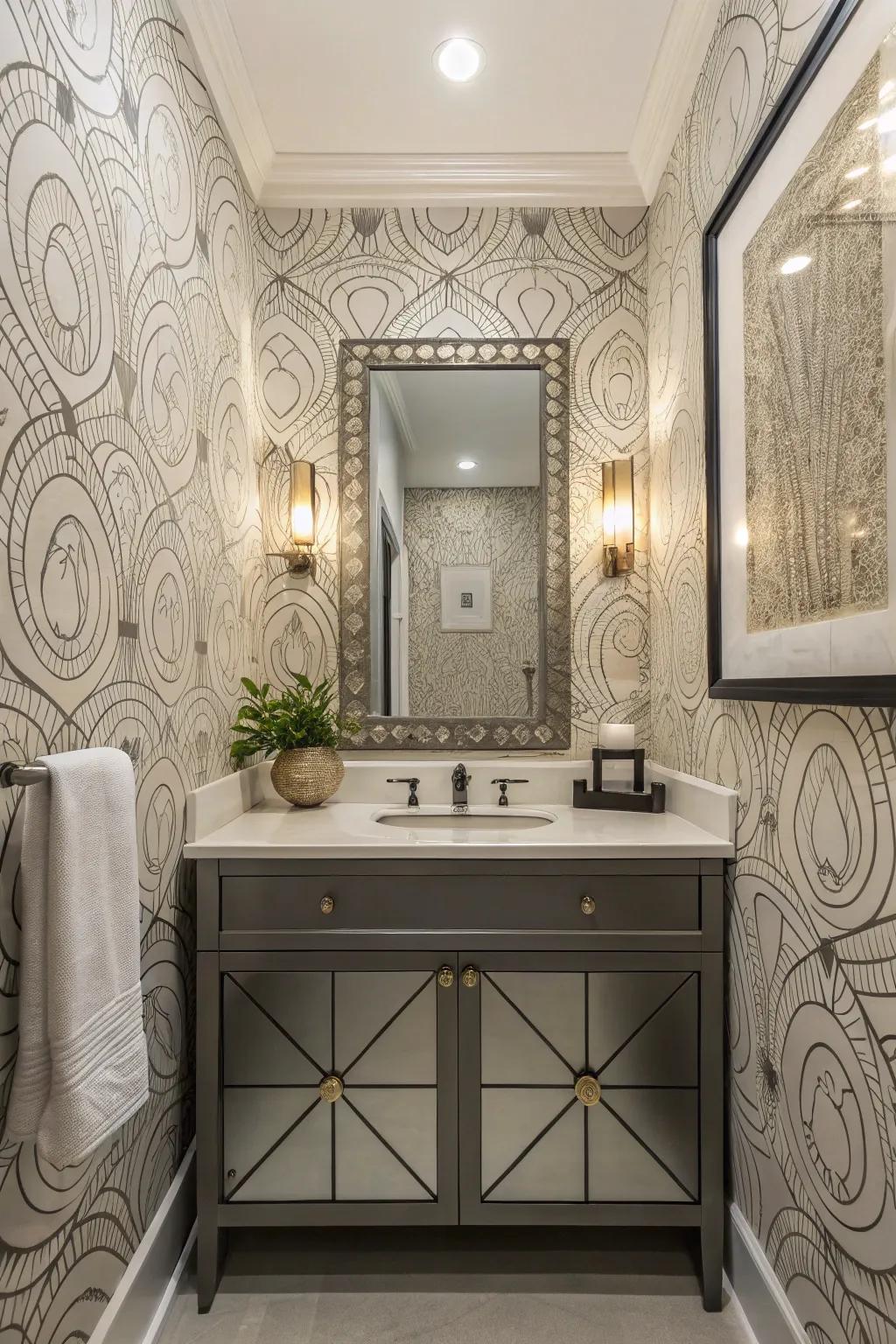 Dynamic linework introduces energy and fluidity into your powder room.