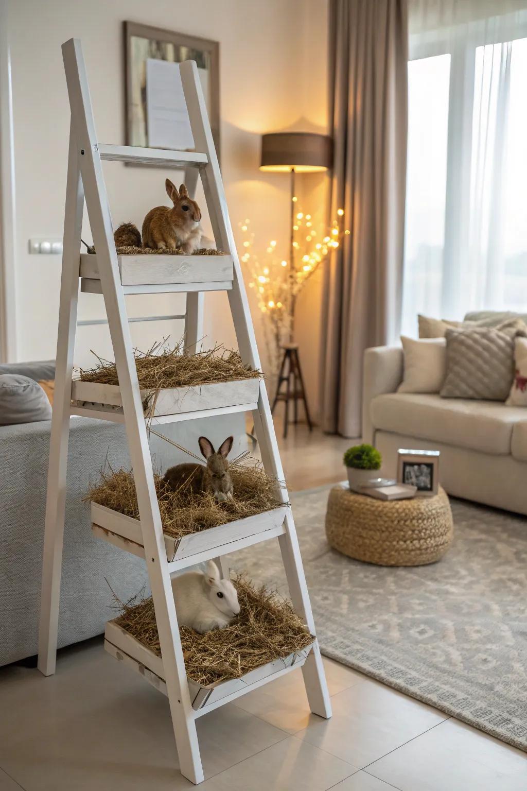 A ladder shelf ingeniously used for rabbit hay storage.