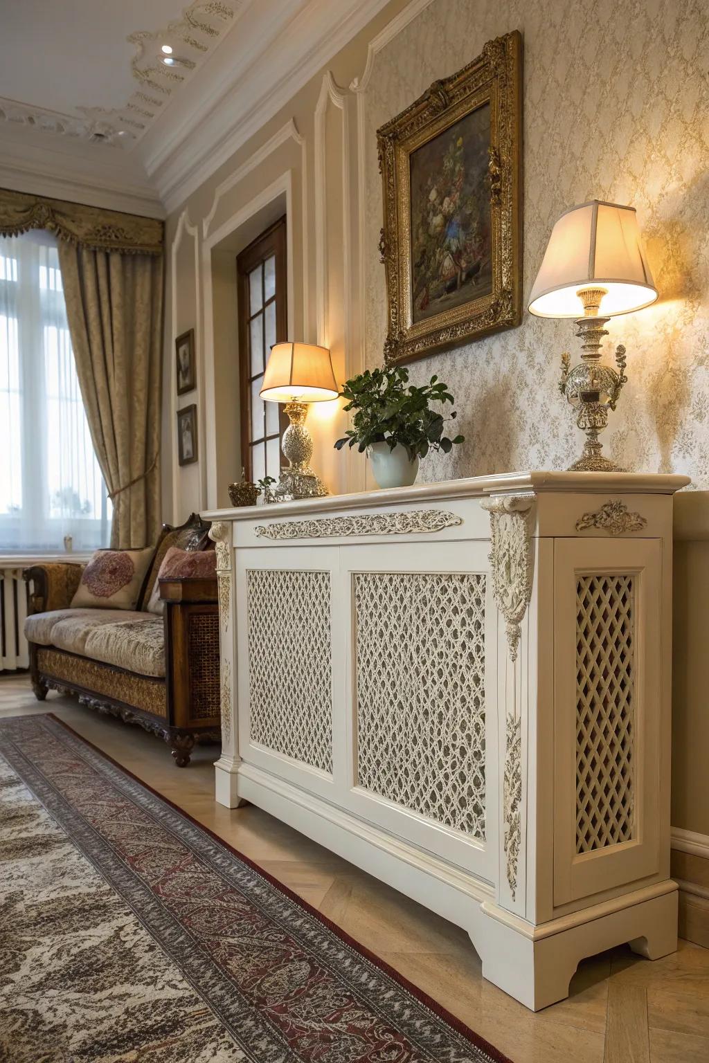 A classic-style radiator cover with elegant details adds sophistication to any room.