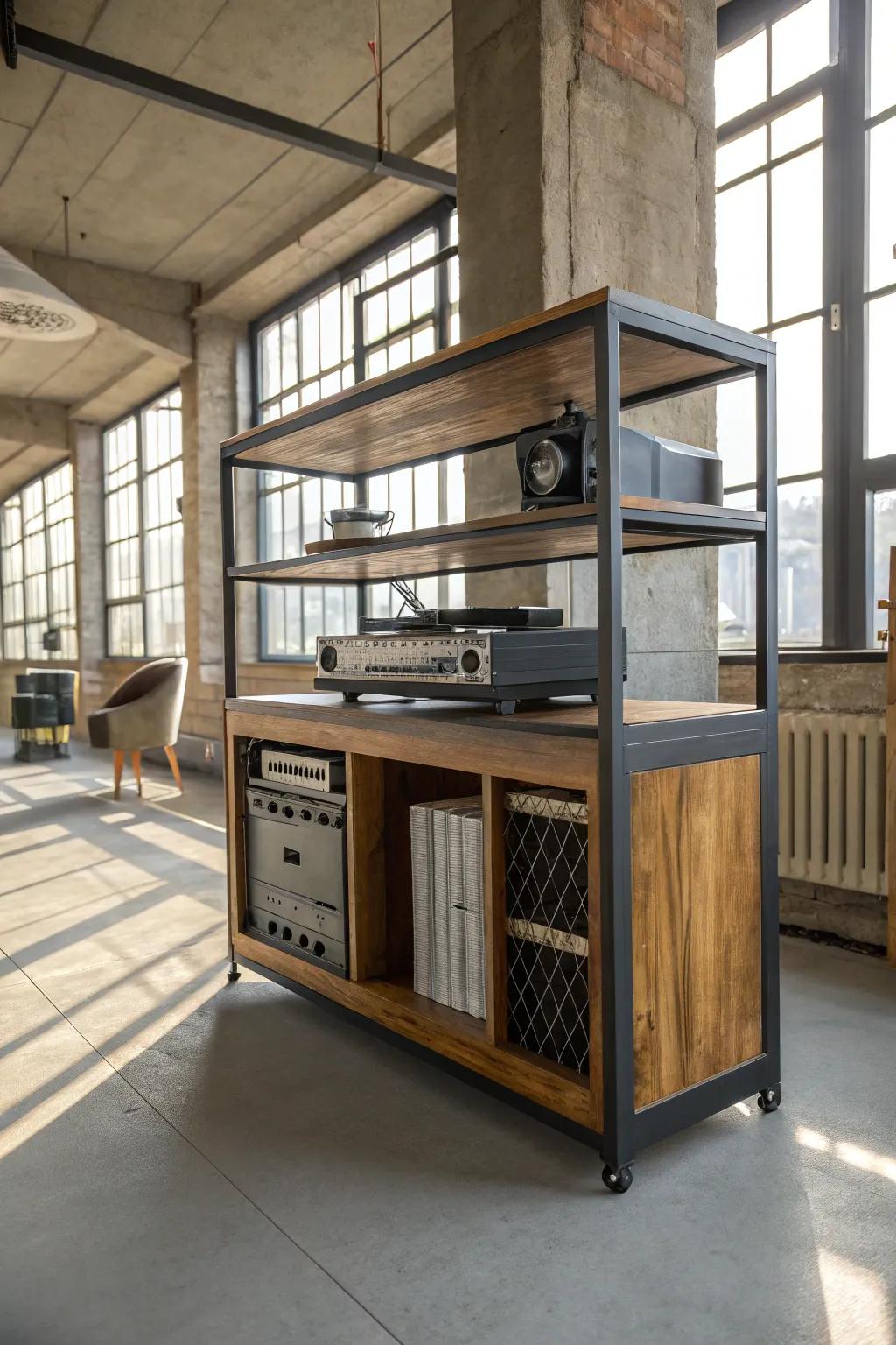 Industrial-style cabinets add raw charm to your vinyl setup.