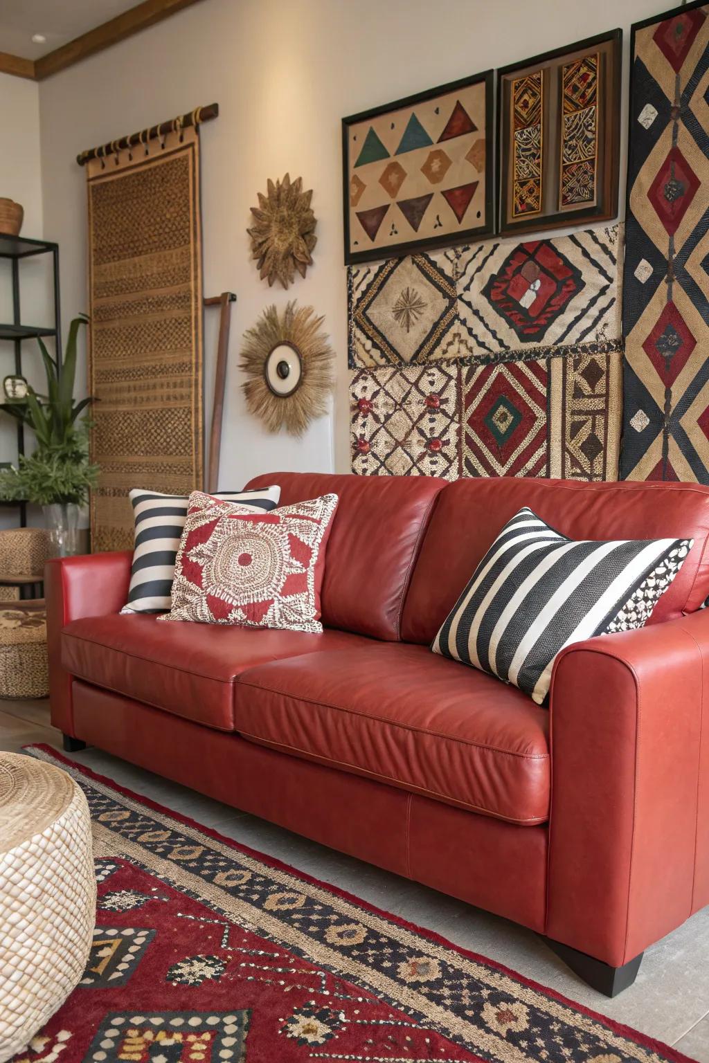 Audacious patterns append a frolicsome and surprising revolution within a chamber featuring a scarlet hide sofa.