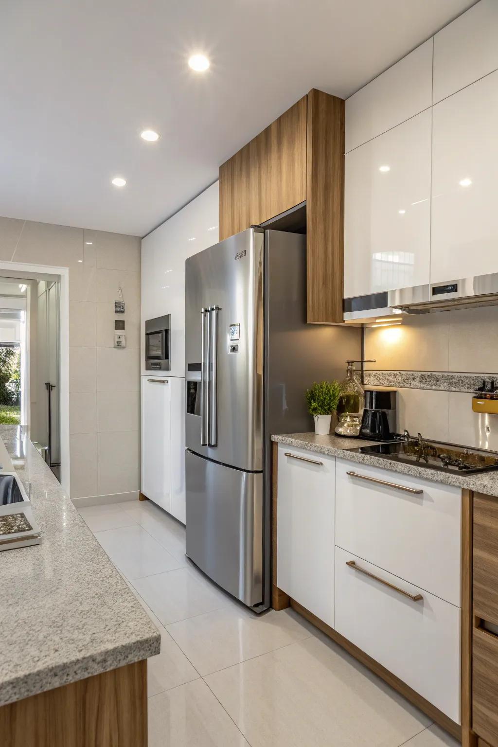 A contemporary cooking space showcasing an energy-efficient 'ice-box' with eco-conscious features.