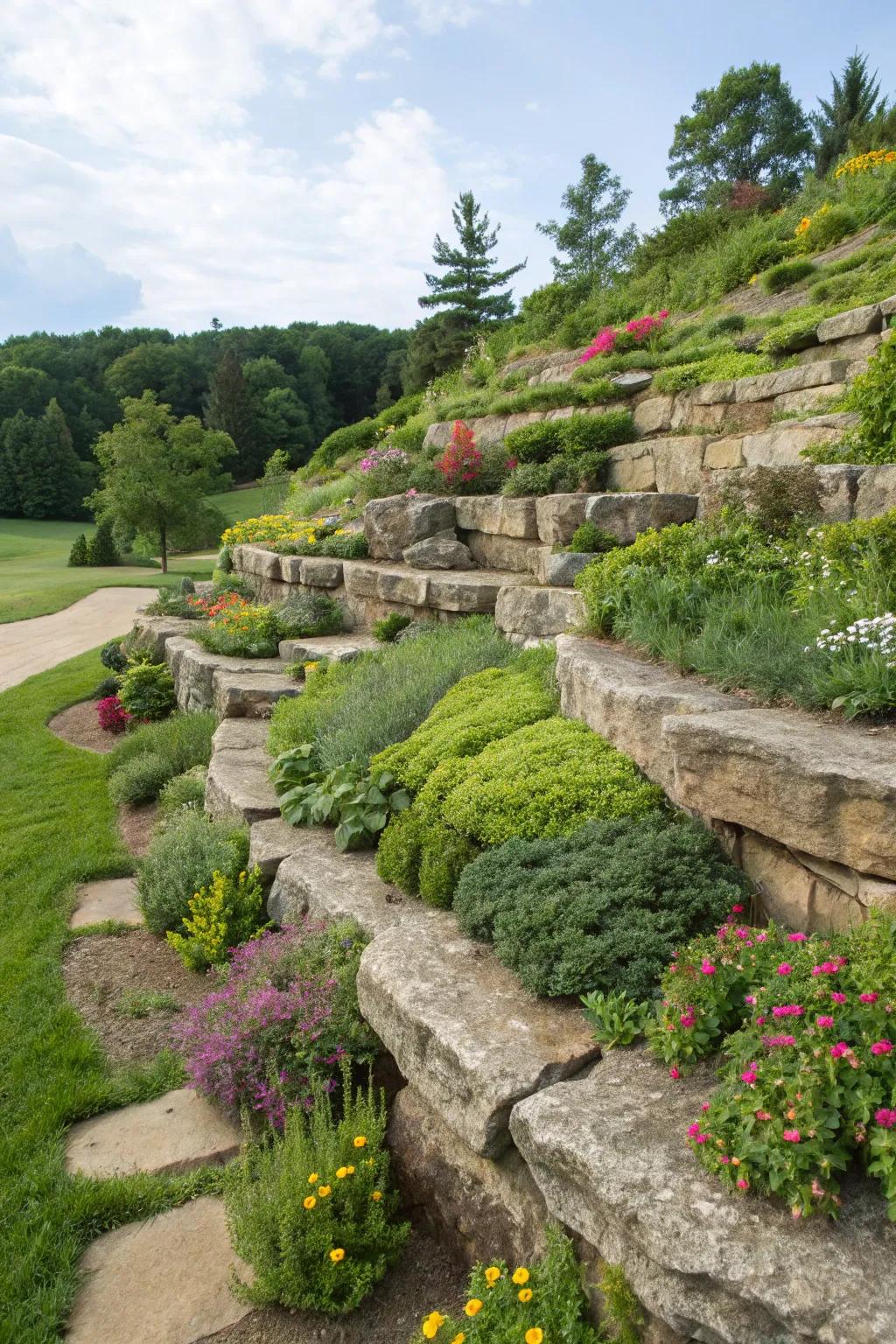 Terraced rock garden showcasing lush plantings on multiple levels.