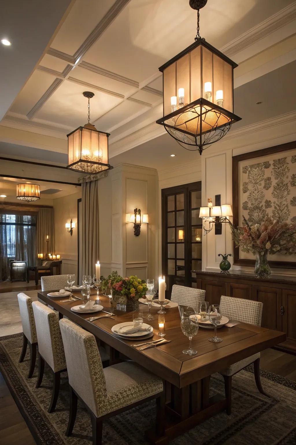 Tiered lighting offers depth to your love-themed dining room.