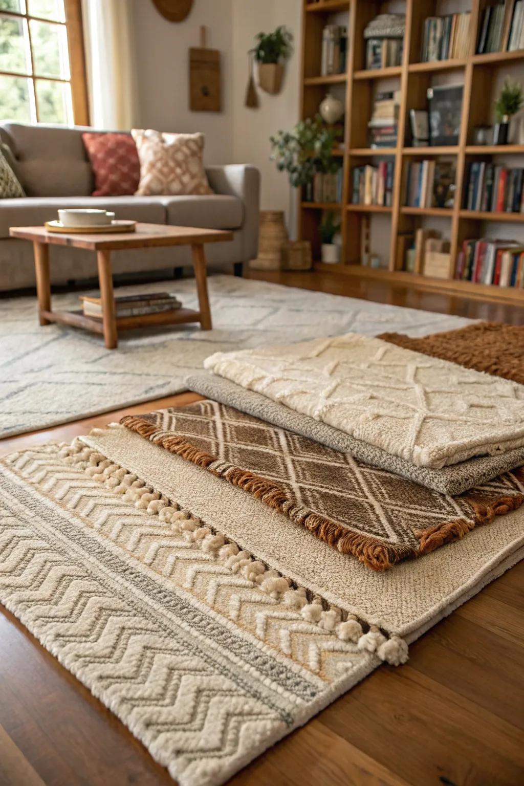 Layered rugs add depth and warmth to the floor.