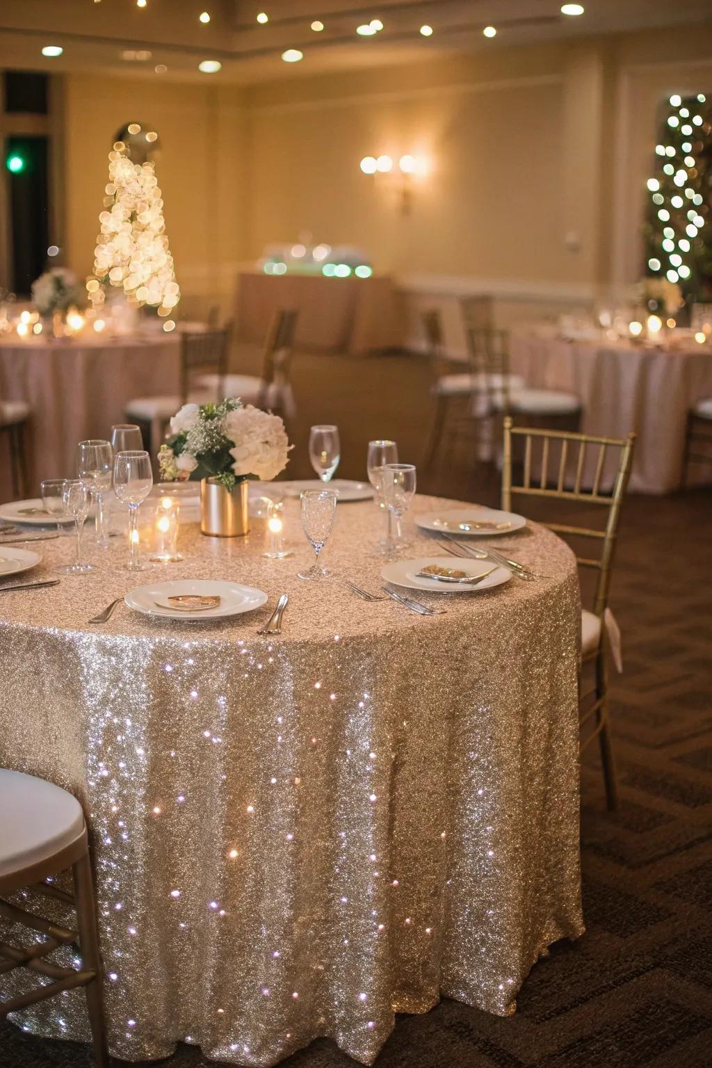 Sequined tablecloth adding sparkle to a festive wedding.