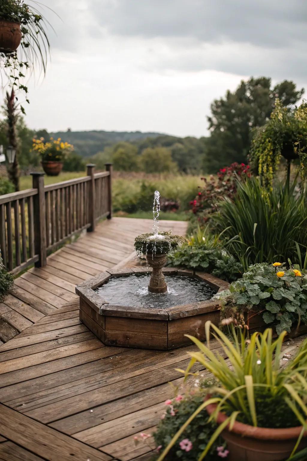A water feature enhances peace and beauty to this veranda.