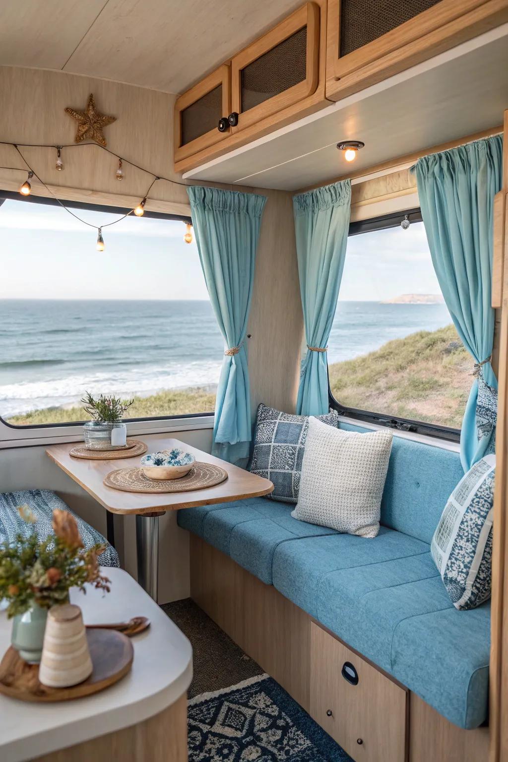 A coastal color scheme brings a fresh, relaxing vibe to this RV.