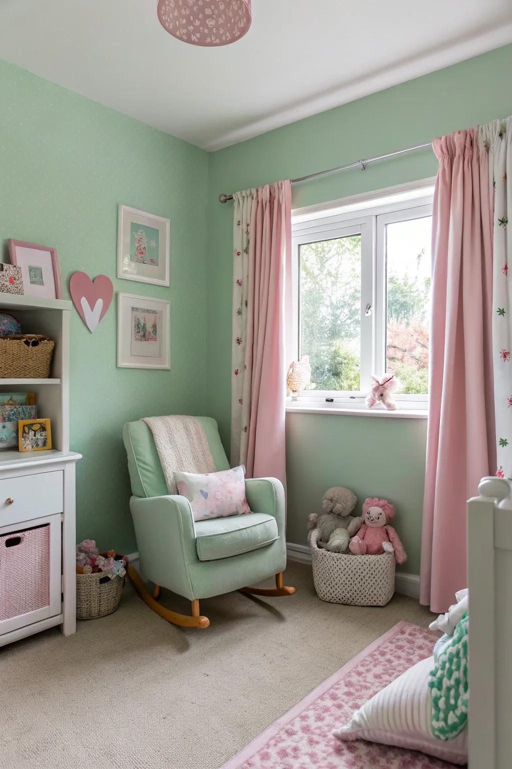 Sage green and pink create a modern and soothing nursery atmosphere.