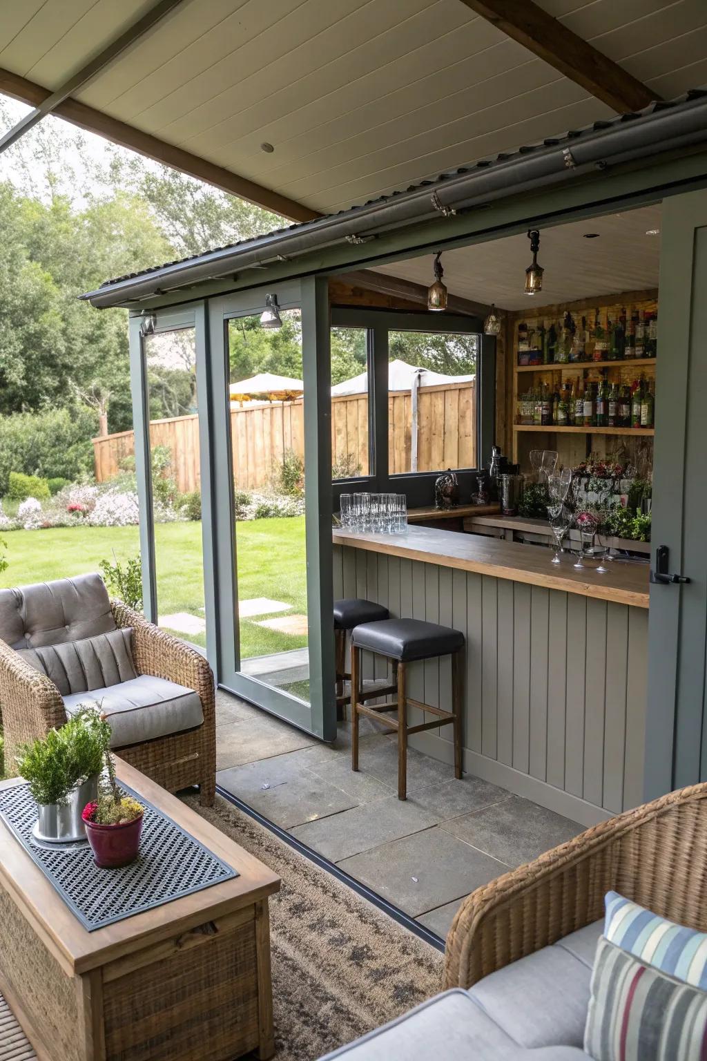 A shed turned into a stylish outdoor bar lounge for social gatherings.