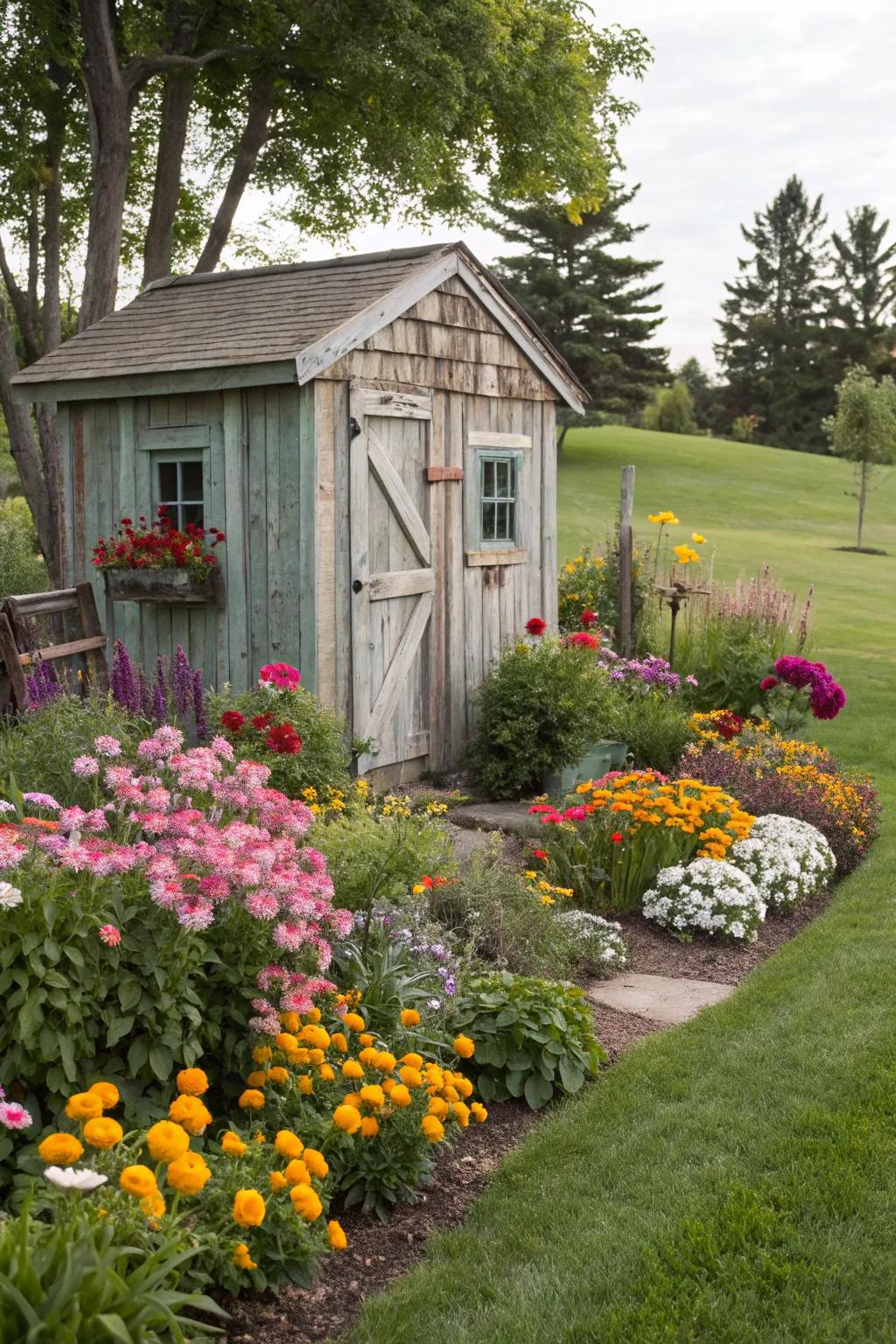 A shed becomes a floral focal point in a colorful garden bed.