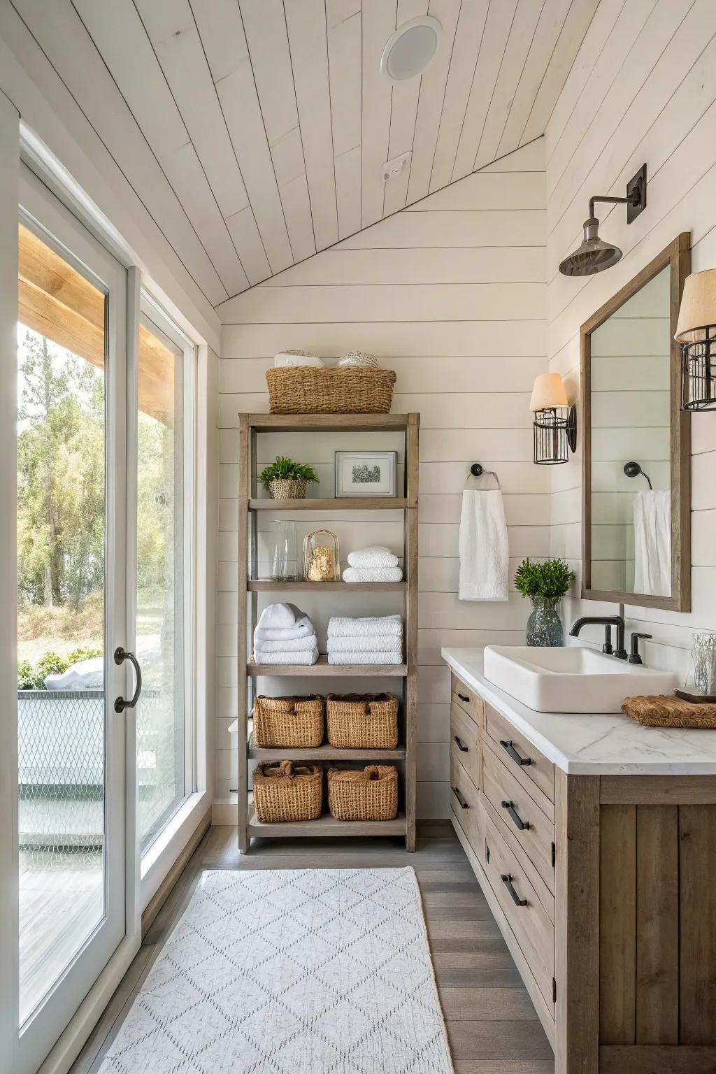 A bathroom with shiplap walls and open shelving for display.