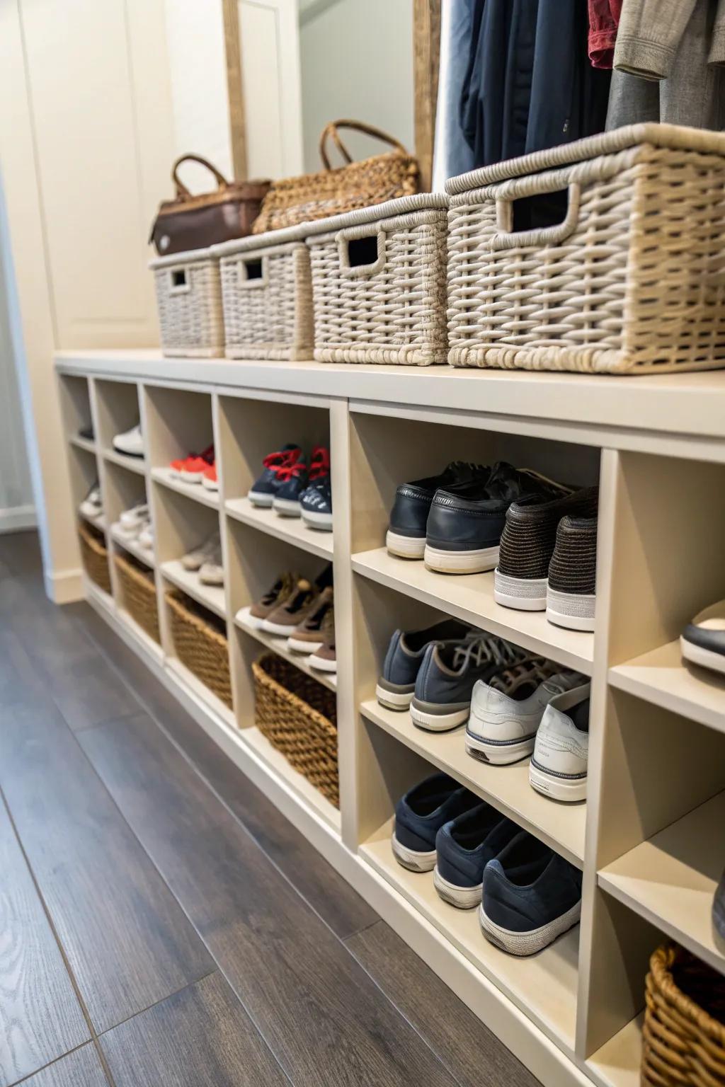 Custom basket cubbies offer a polished and tailored shoe storage solution.