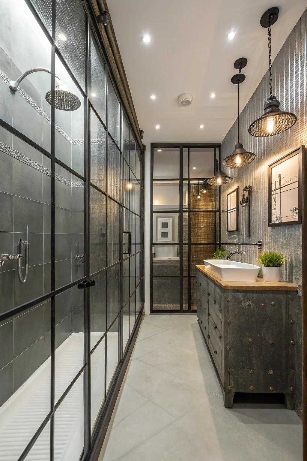 Metal panels contribute to an industrial chic shower design.