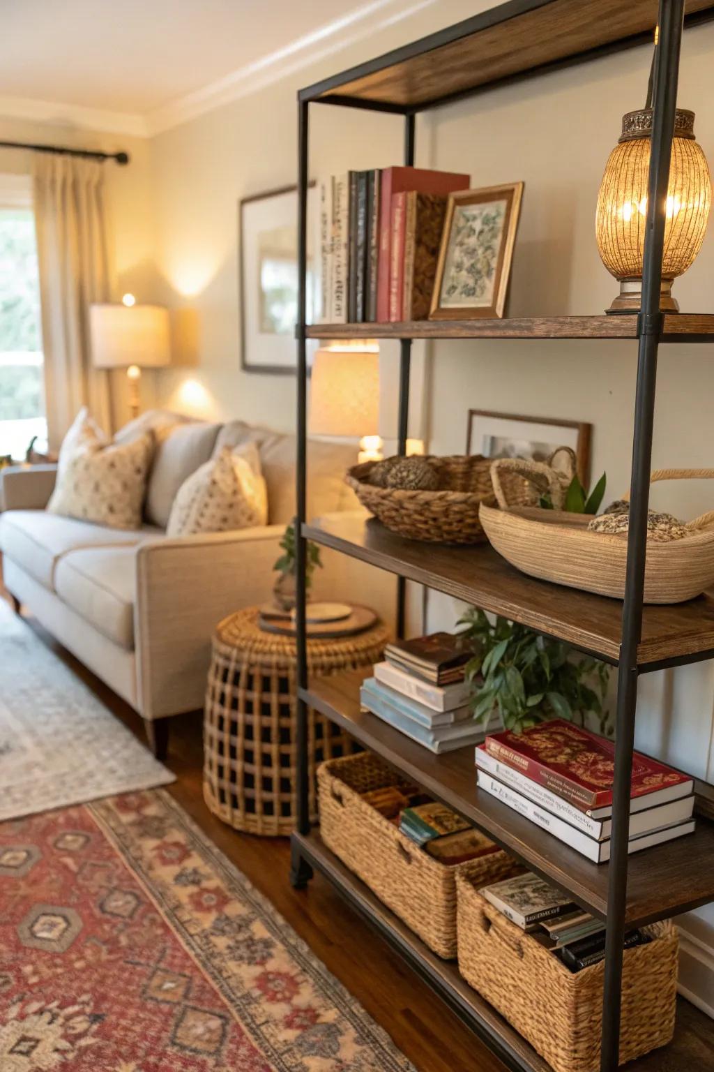 Wall-mounted shelves add function without taking up space.