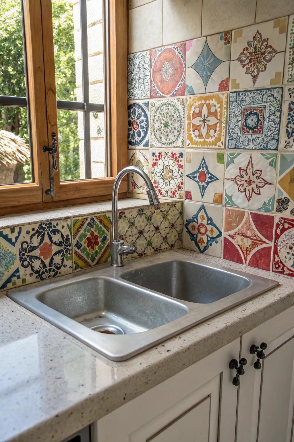 An eclectic mix of tiles creates a whimsical and personalized kitchen.