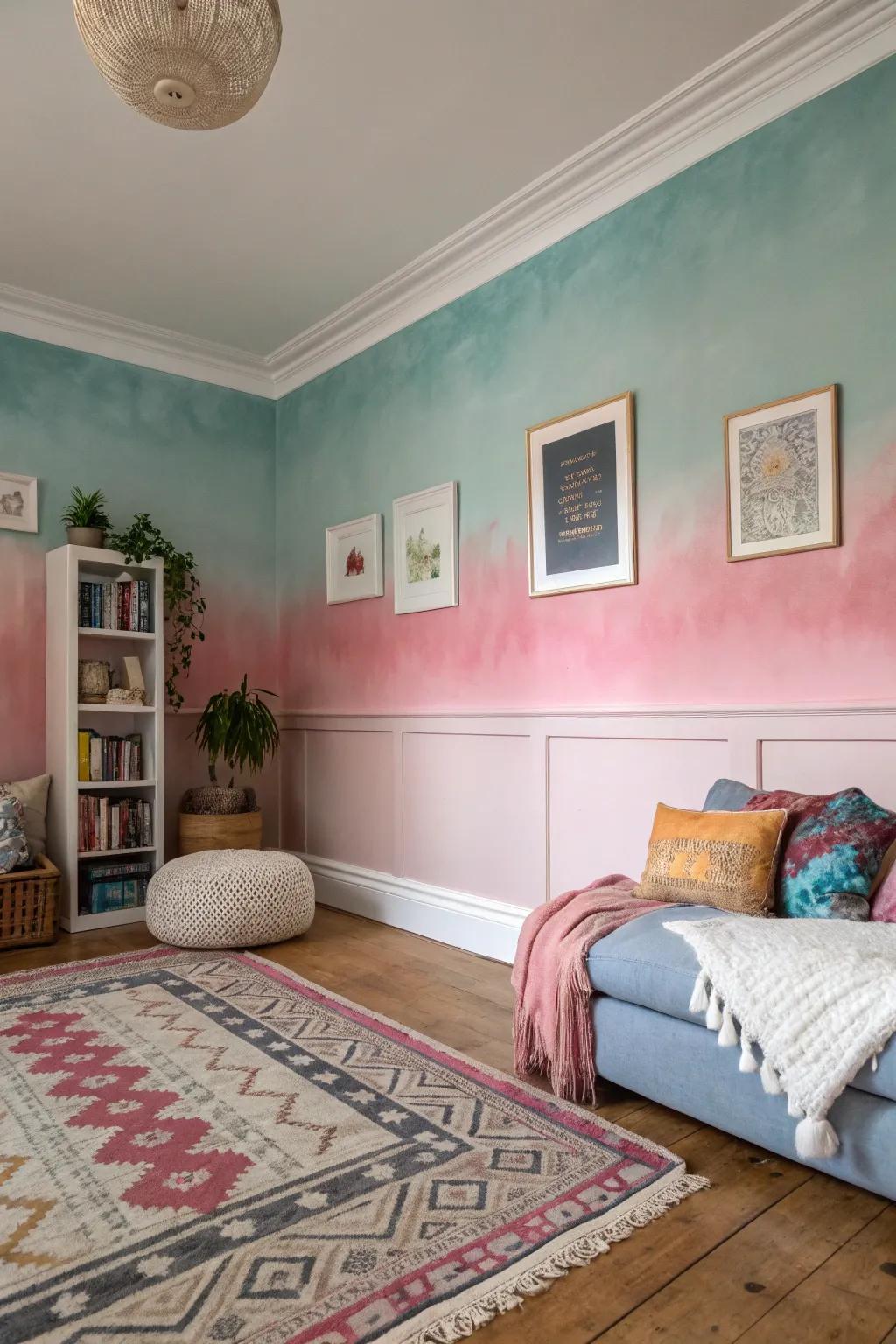 Ombre paint effects on skirting boards create an artistic flair.