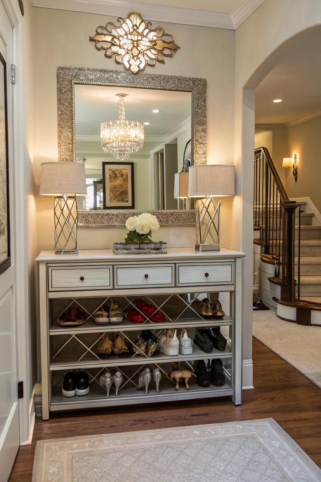 A multifunctional console streamlining entryway organization.