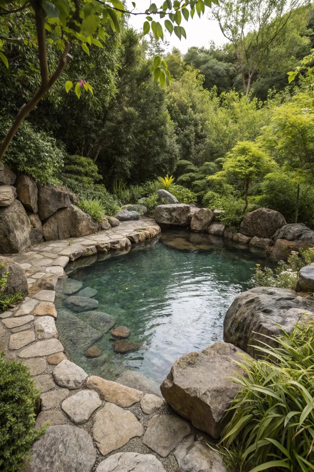 Natural elements transform this pool into a peaceful retreat.