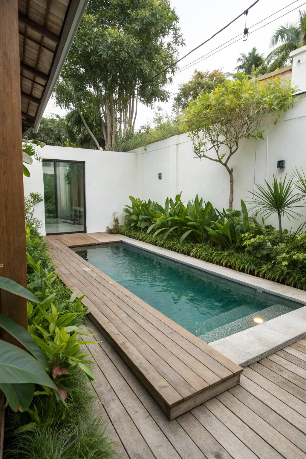 Minimalist decking emphasizes a modern pool design.