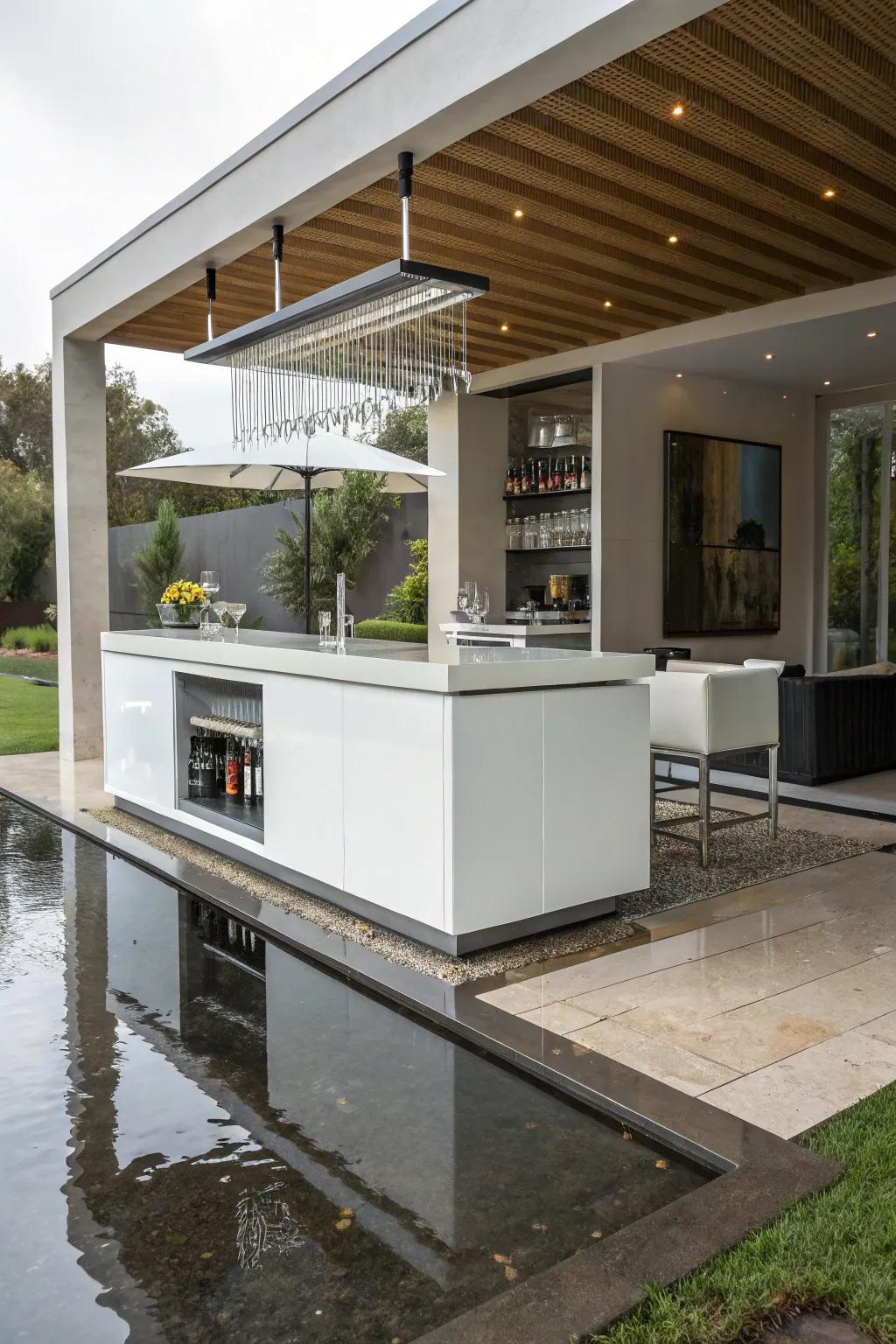 A modern floating bar design in a small wet bar.