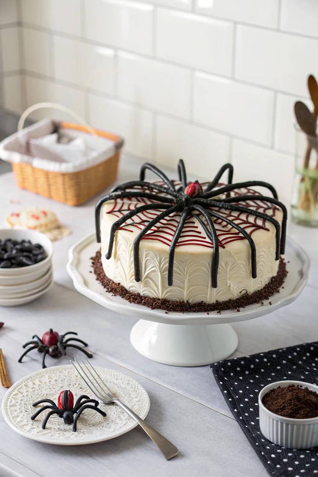 Chewy licorice legs add character to this spider cake.