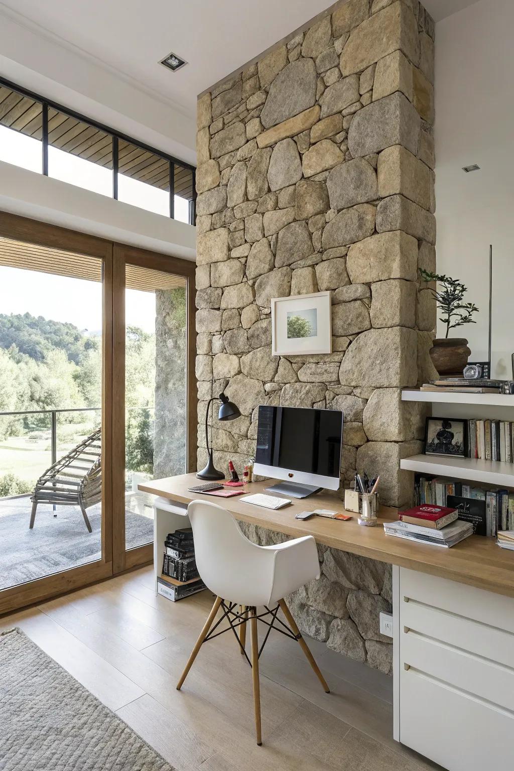 A home office that inspires with a stone accent wall.