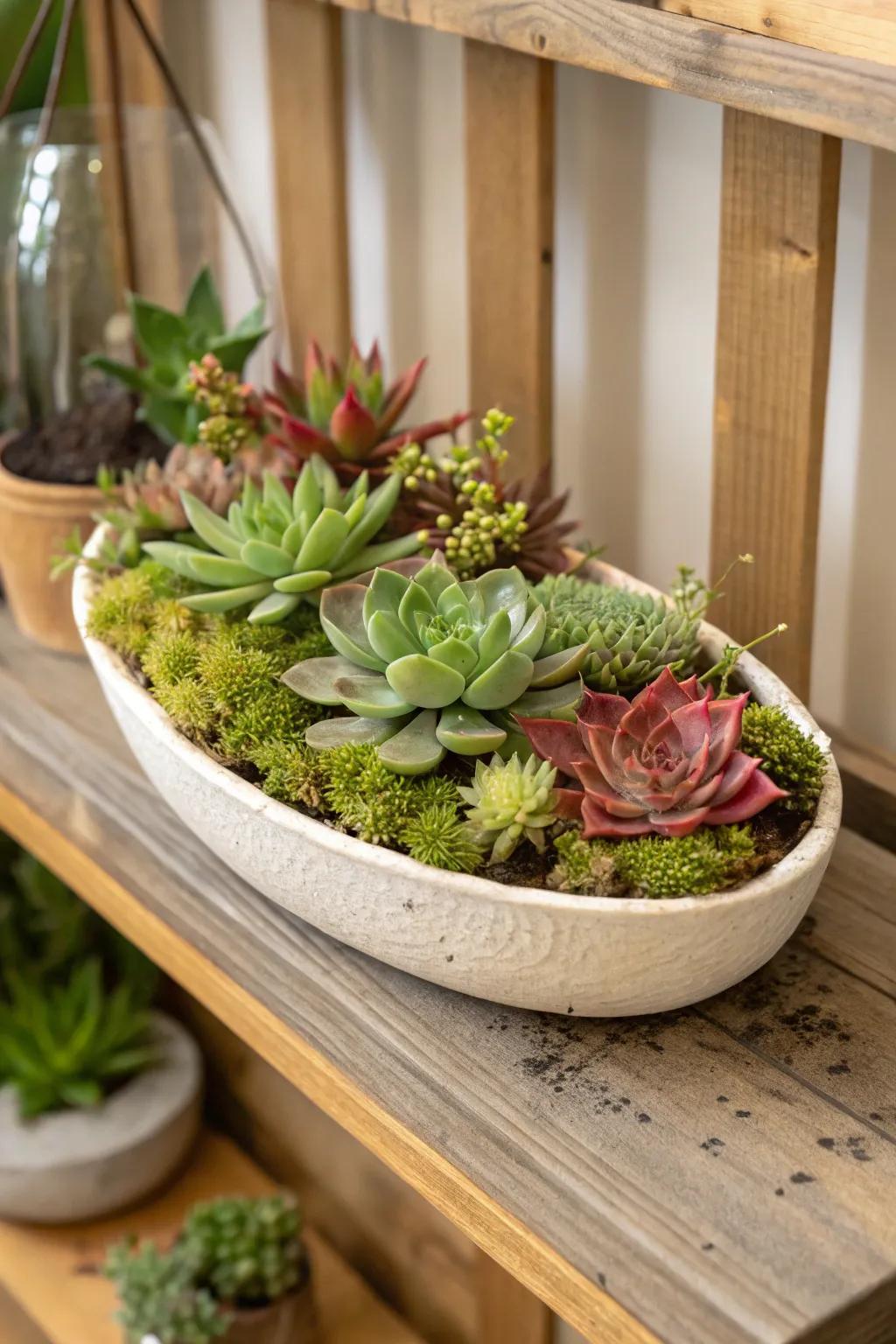 A forest-inspired succulent garden accented with lush moss.