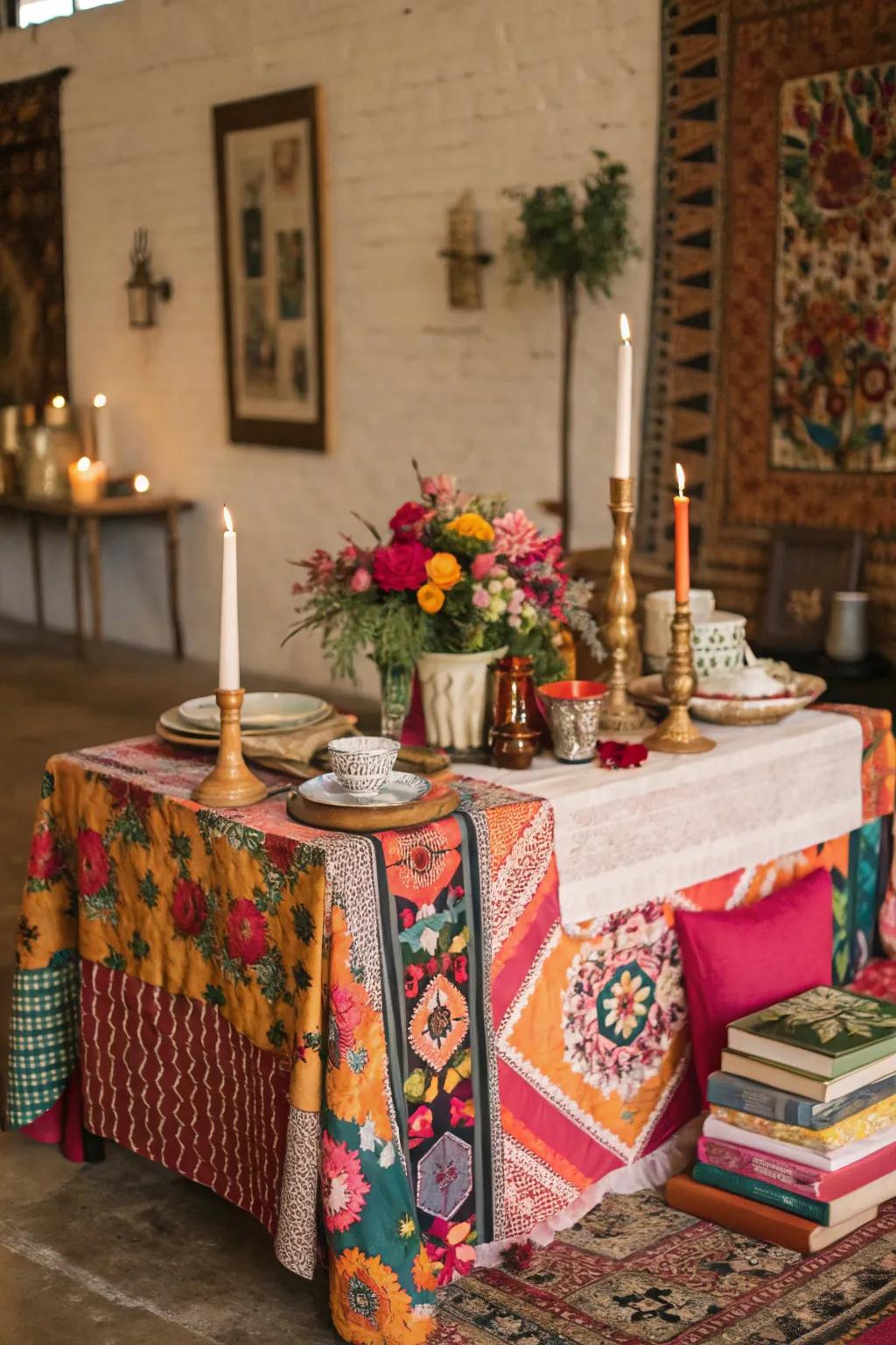 A bohemian sweetheart table with eclectic textiles and vibrant colors.