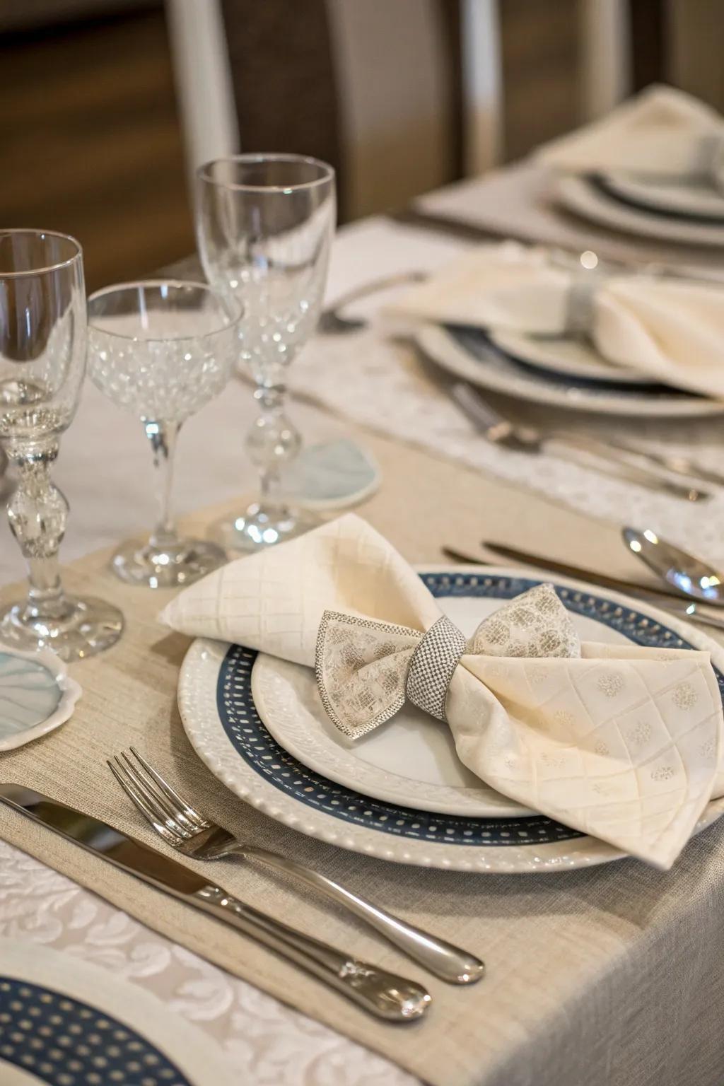 For a sophisticated touch, napkins are folded into elegant ribbon ties.