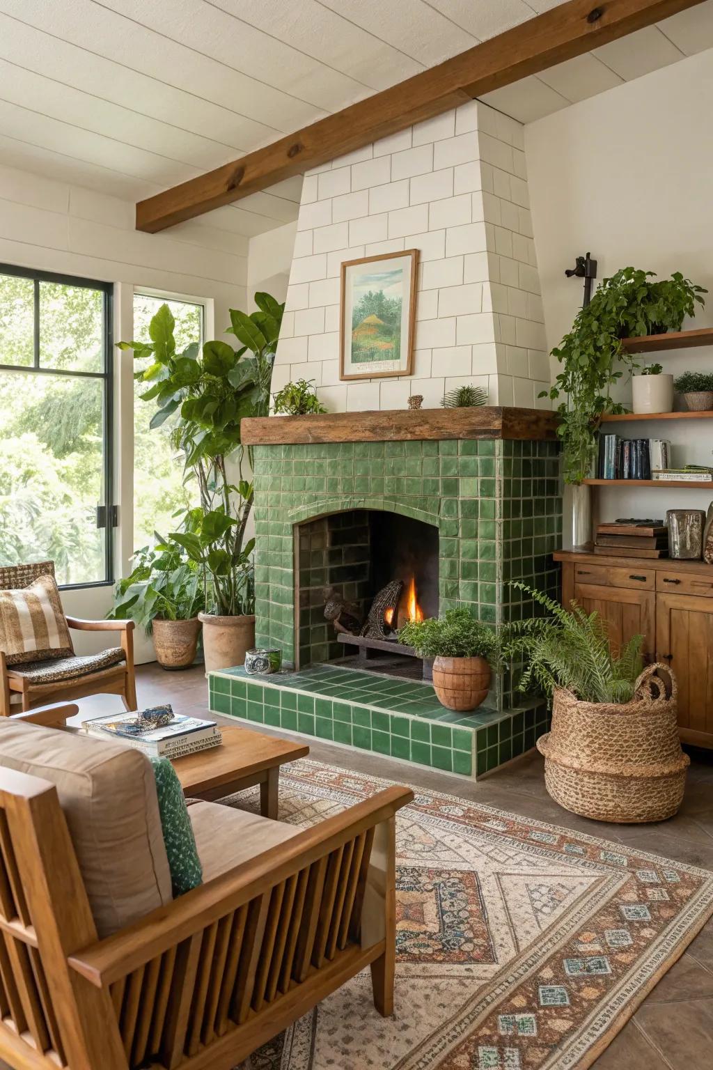 Eco-friendly tiles provide a chic and sustainable fireplace design.