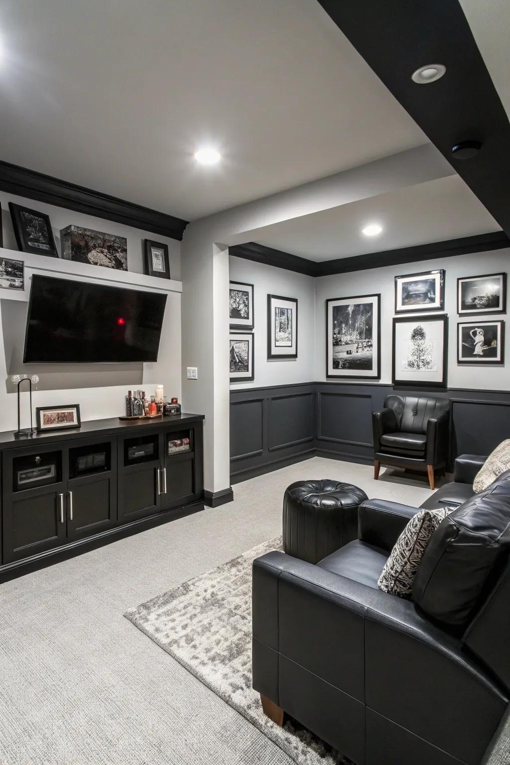 A monochrome palette makes a small man cave feel more spacious.