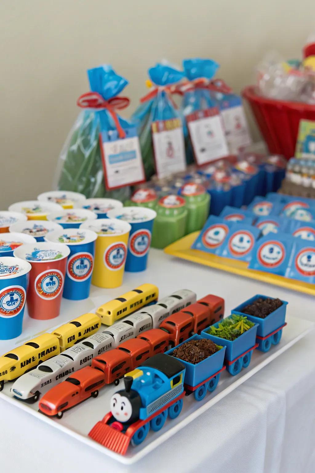 Train-themed party favors delight young guests.