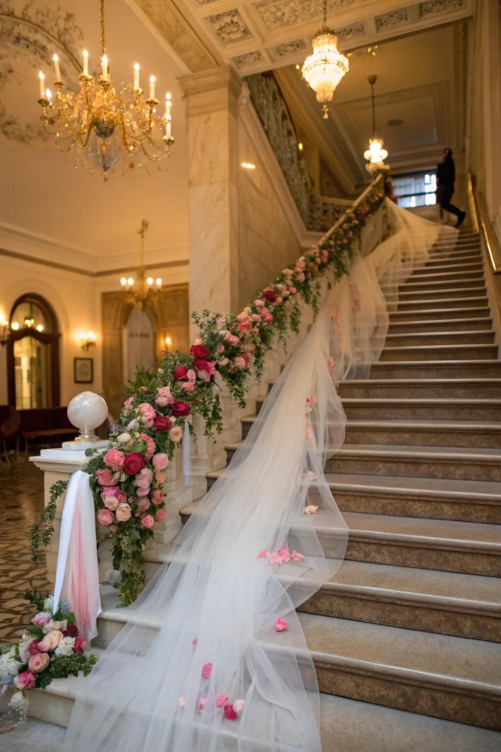 Make an entrance with tulle staircase decor.