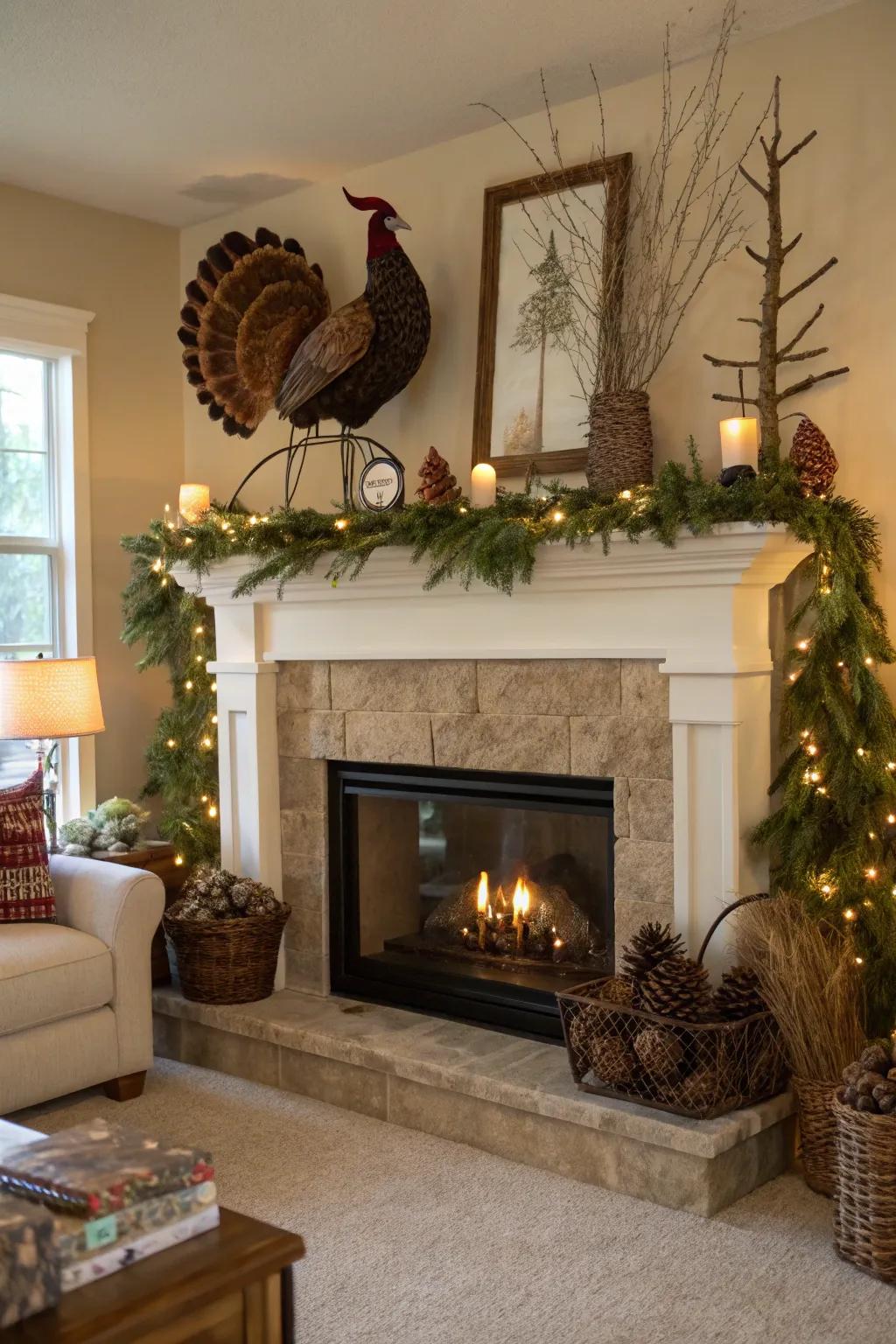 An outdoor-inspired mantel display with turkey mount.