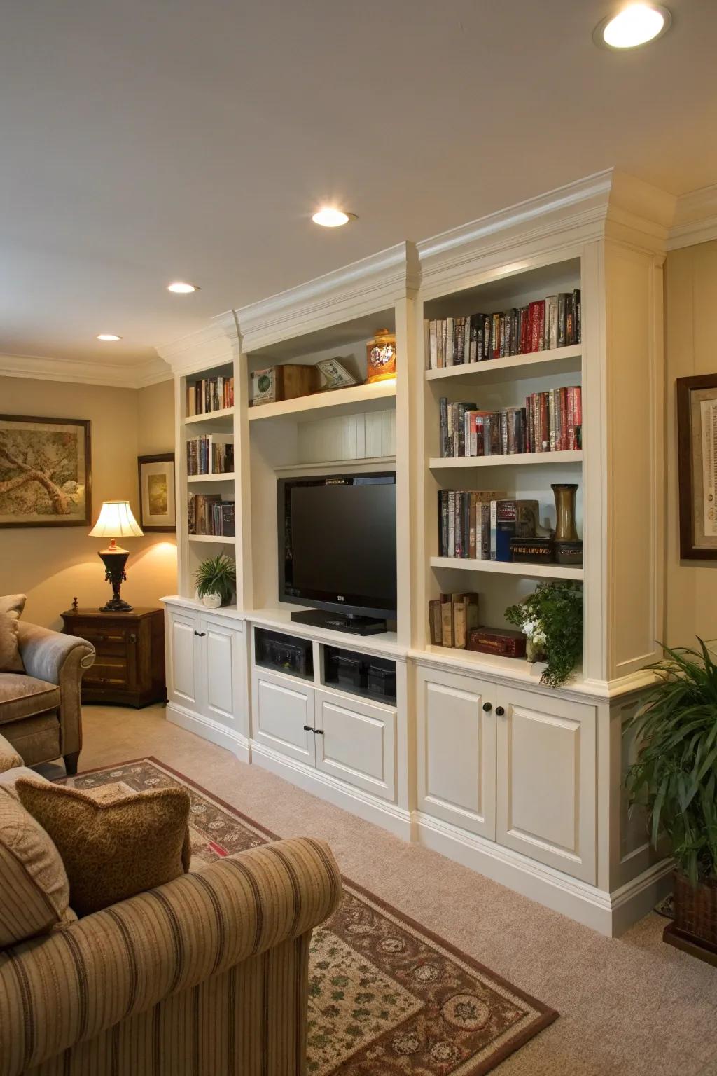 A built-in bookcase surrounds the TV, creating a library-like feel.