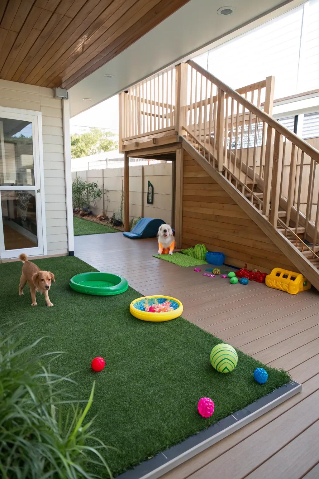 A cozy pet zone beneath the deck, complete with artificial turf and toys.
