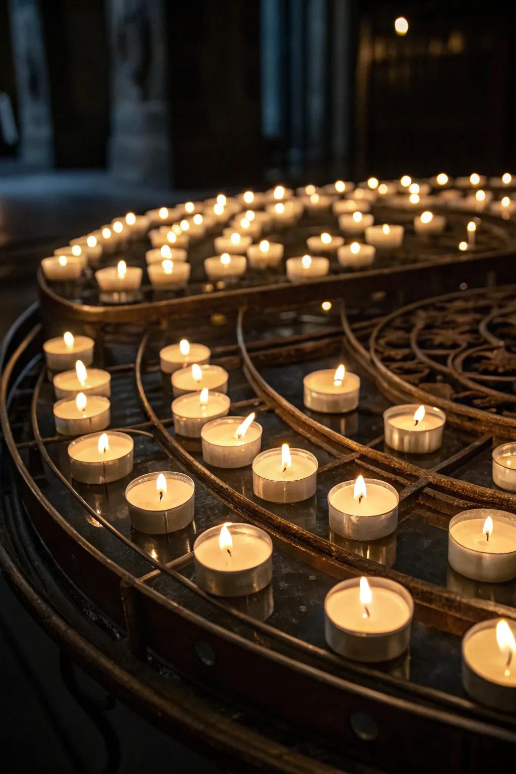 Mirrored surfaces enhance the glow of votive candles.