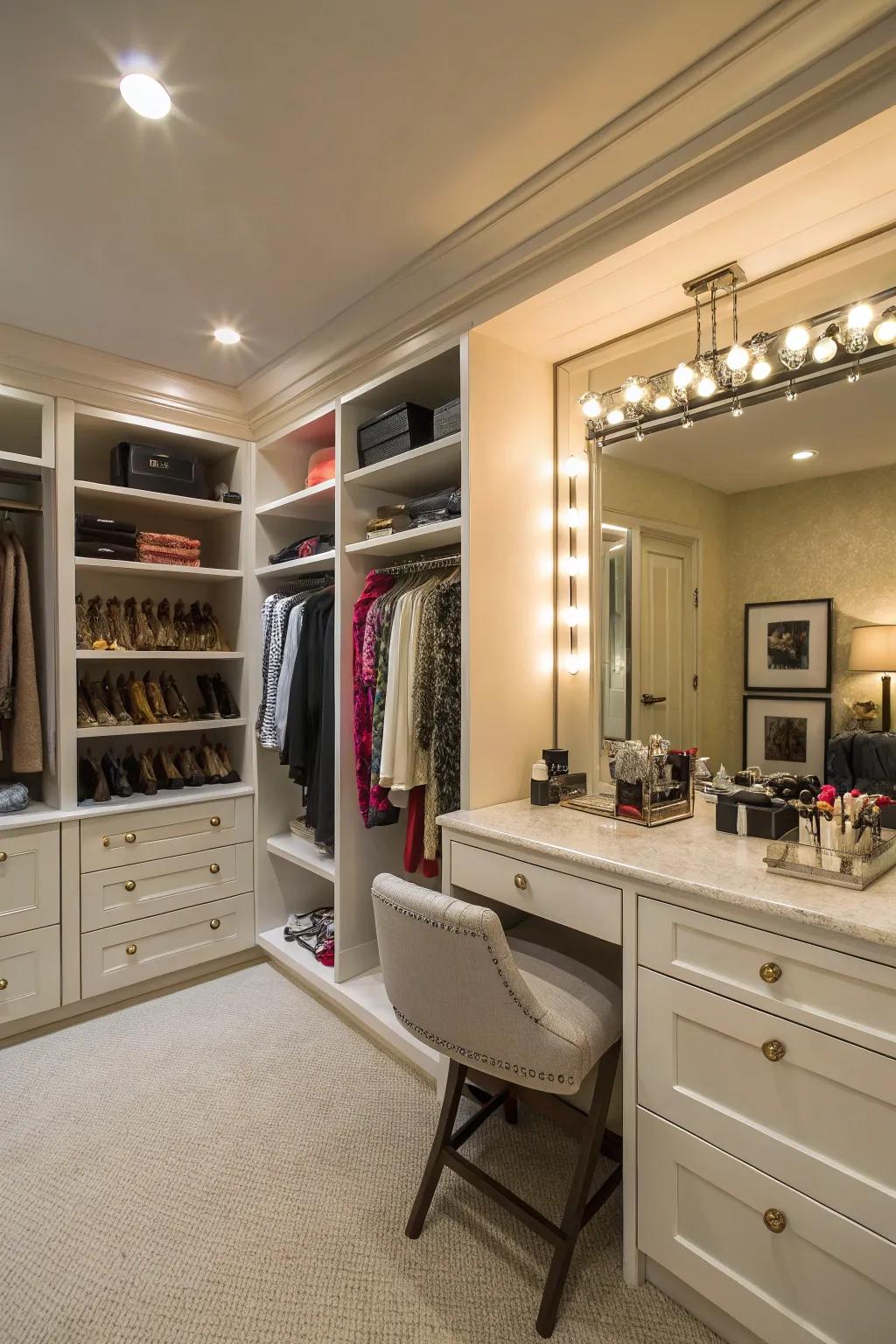 A dressing table adds luxury and utility to the closet.