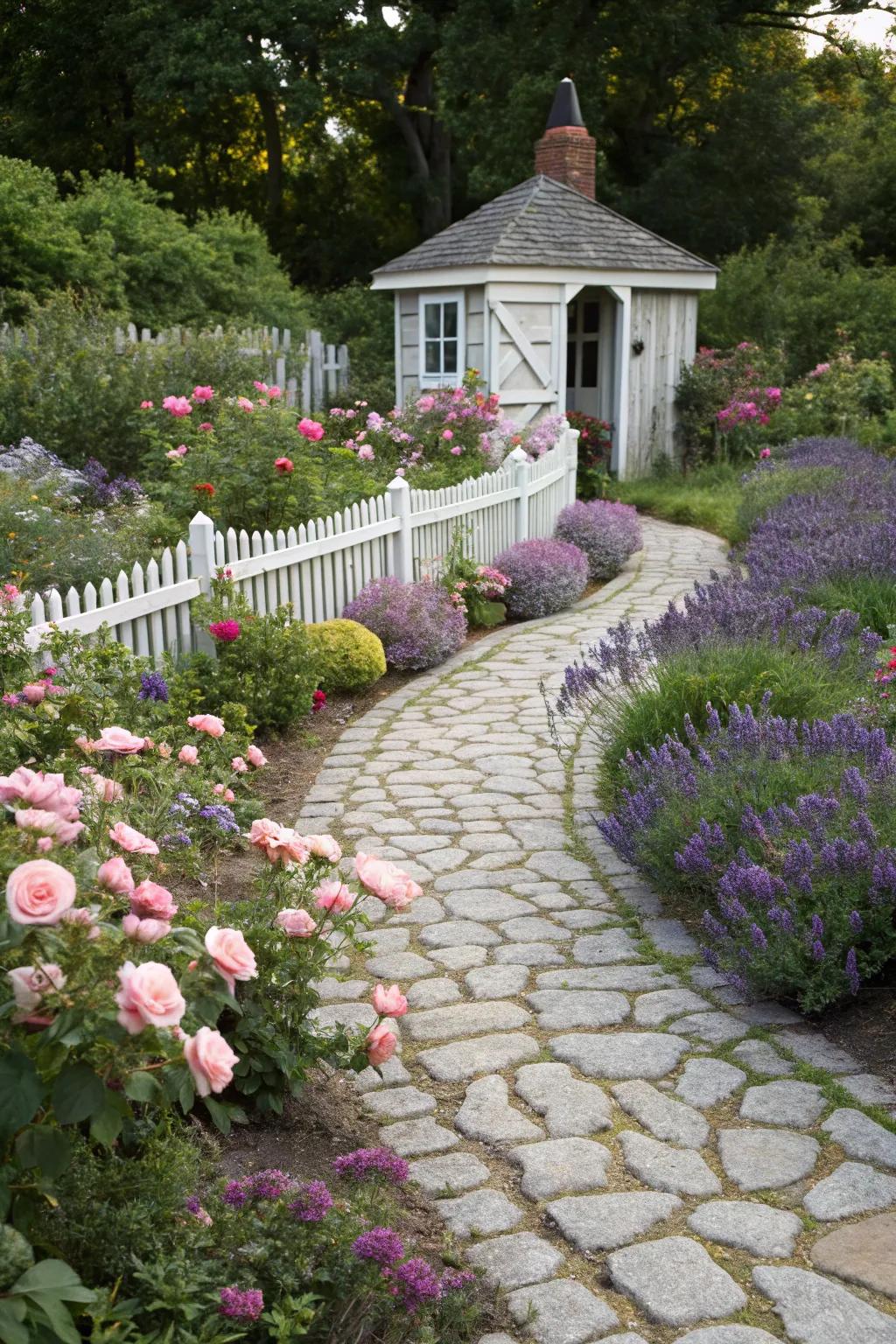 Cobblestone routes bring old-world charm to gardens.
