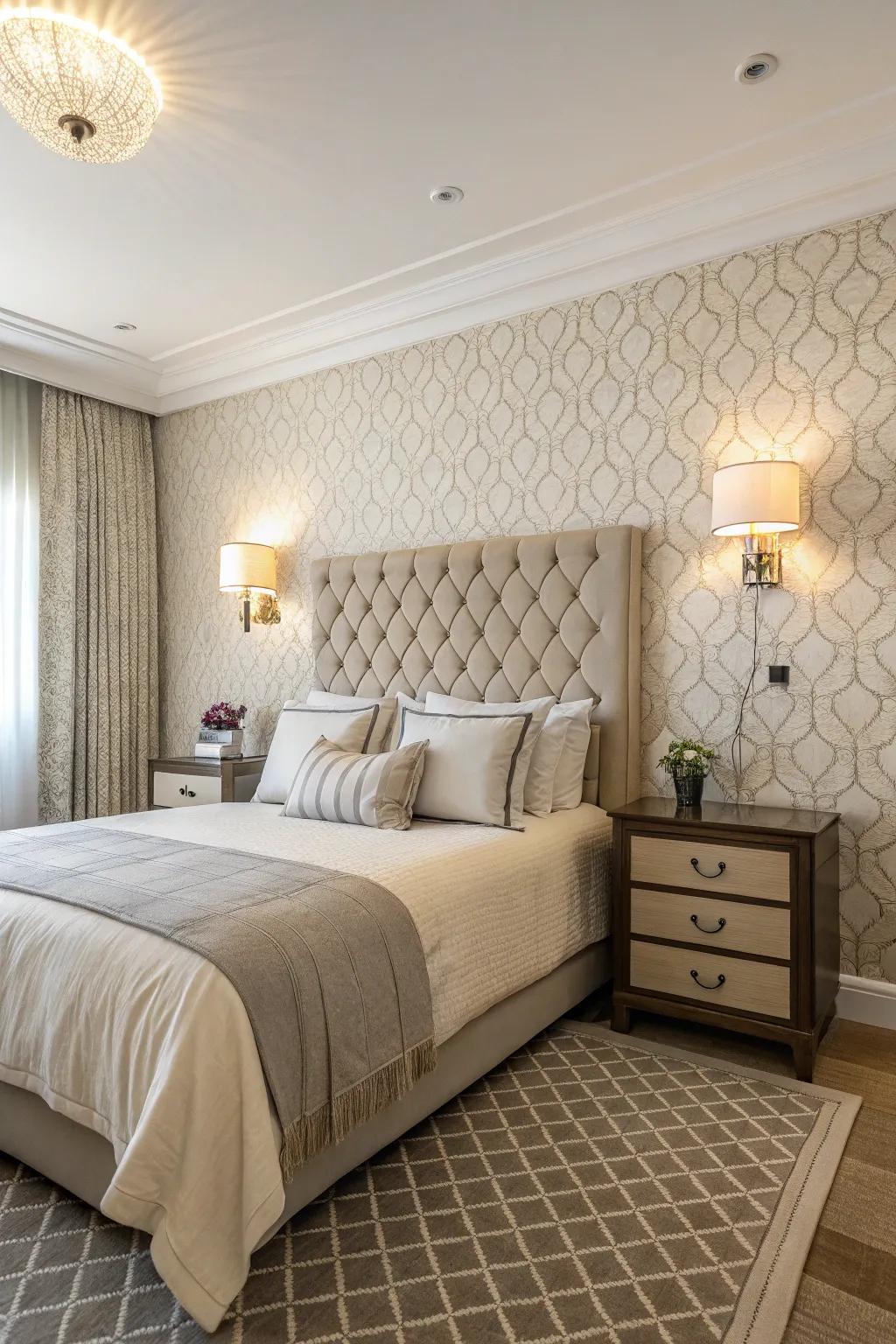 Wallpaper backdrops unify bedroom elements like nightstands and shelves.