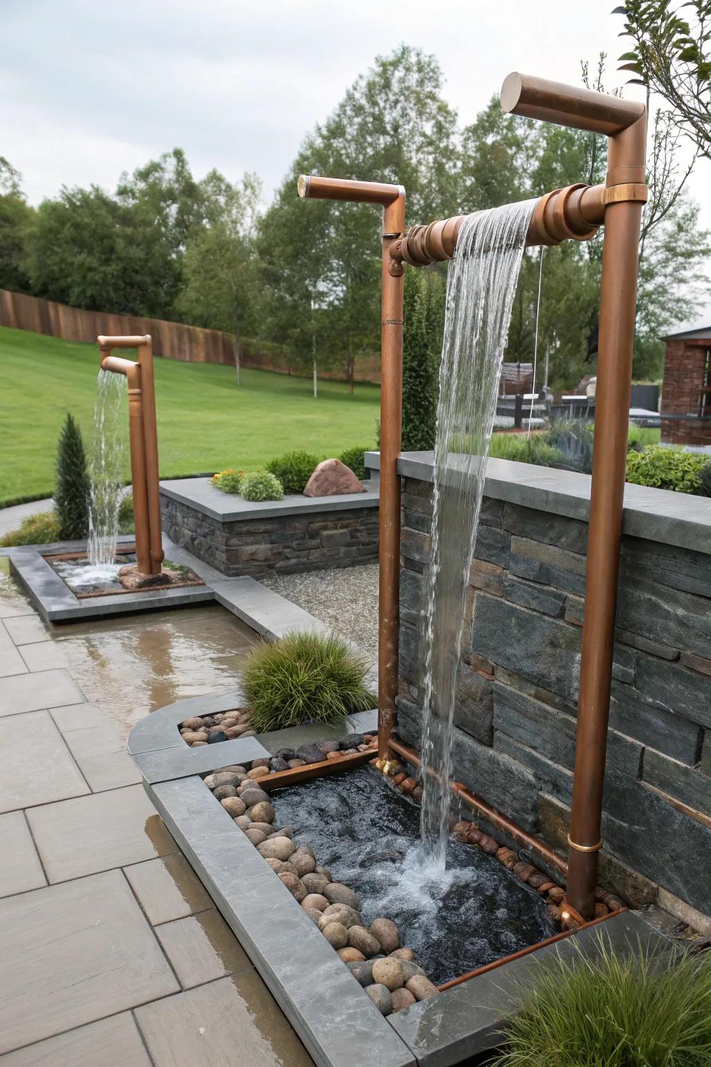 Copper pipes offer a sleek and modern touch to your waterfall.