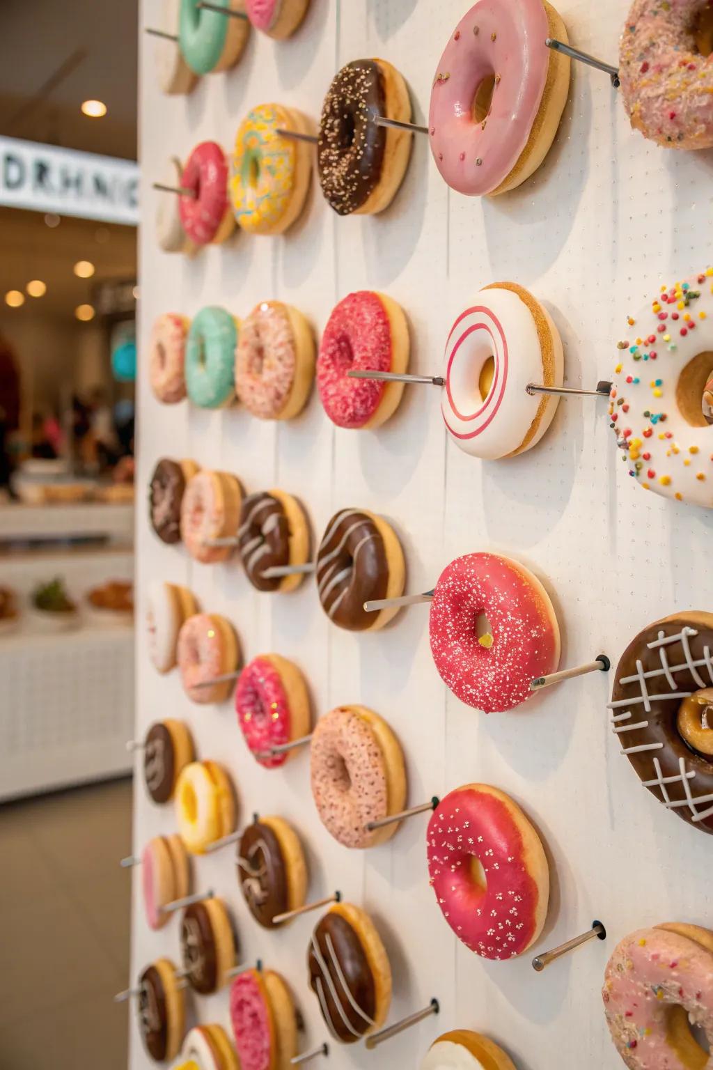 A donut wall that delights and entertains guests.