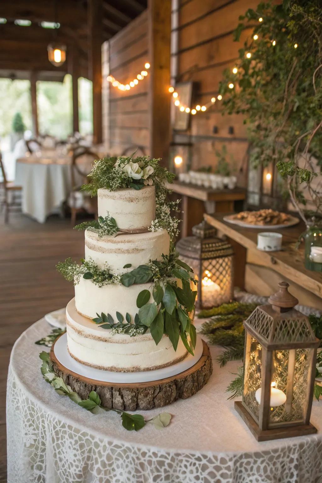 Cake with layers of lush greenery.